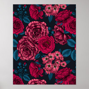 Pink, red and bi-color roses with blue leaves on b poster