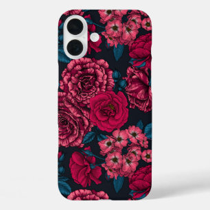 Pink, red and bi-colour roses with blue leaves on iPhone 16 plus case
