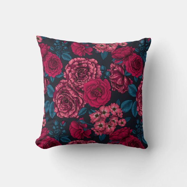 Pink, red and bi-colour roses with blue leaves on  cushion (Front)