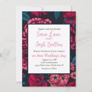 Pink, red and bi-colour roses with blue leaves on invitation