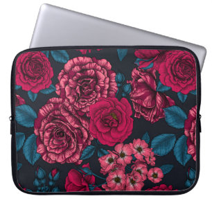 Pink, red and bi-colour roses with blue leaves on laptop sleeve