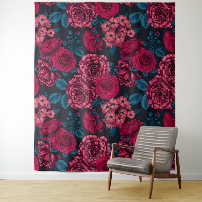 Pink, red and bi-colour roses with blue leaves on  tapestry (In Situ)
