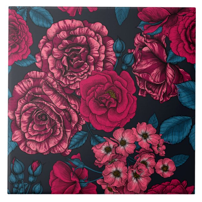 Pink, red and bi-colour roses with blue leaves on  tile (Front)