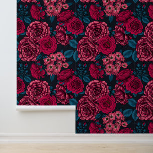Pink, red and bi-colour roses with blue leaves on  wallpaper