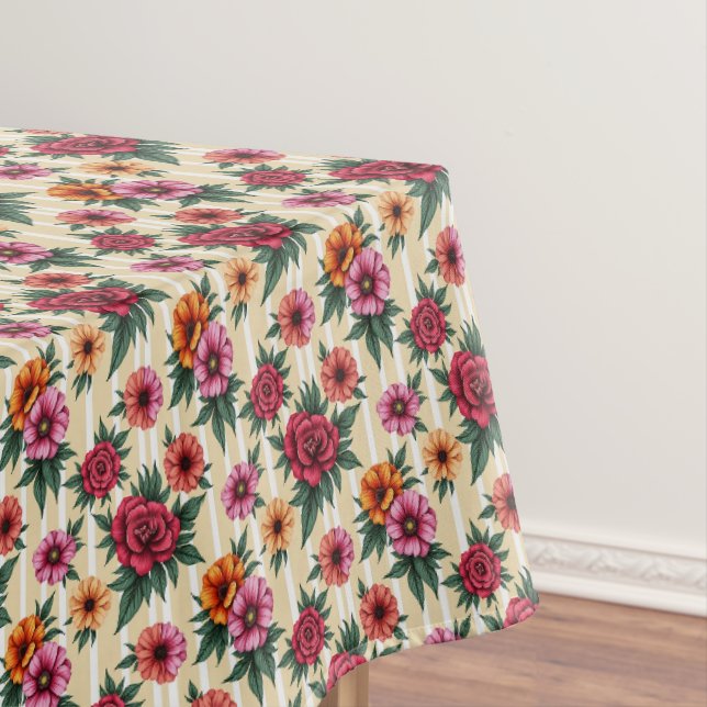 Pink Red and Gold Flowers on Tan Stripes Tablecloth (In Situ)