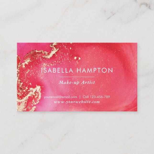 Pink, red and gold watercolor ink business card (Front)