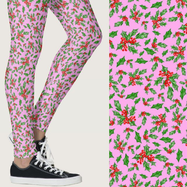 Pink, red, and green holly Christmas Patterned Leggings (Creator Uploaded)