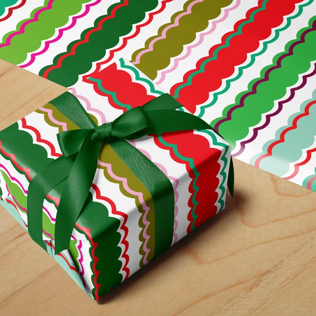 Pink Red and Green Scalloped Stripe Pattern Wrapping Paper (Creator Uploaded)