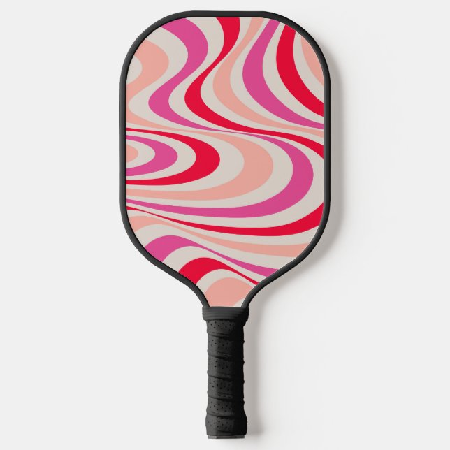 Pink, red and grey abstract retro swirl design pickleball paddle (Front)