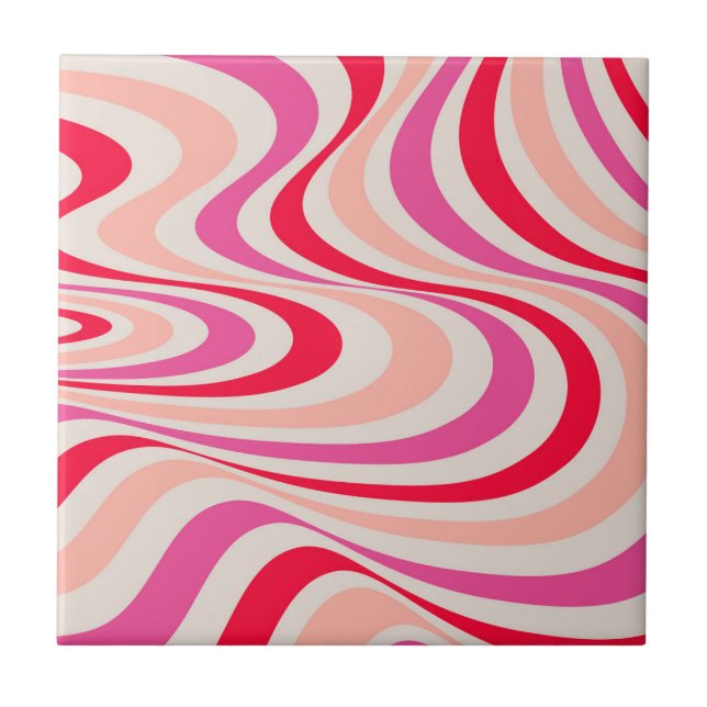 Pink, red and grey abstract retro swirl design tile (Front)
