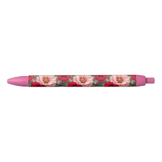 Pink, red and mauve flowers black ink pen
