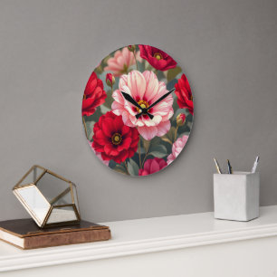 Pink, red and mauve flowers large clock