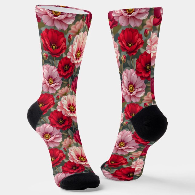 Pink, red and mauve flowers  socks (Angled)