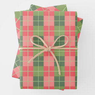 Pink Red and Sage Green Squares Wrapping Paper Sheet