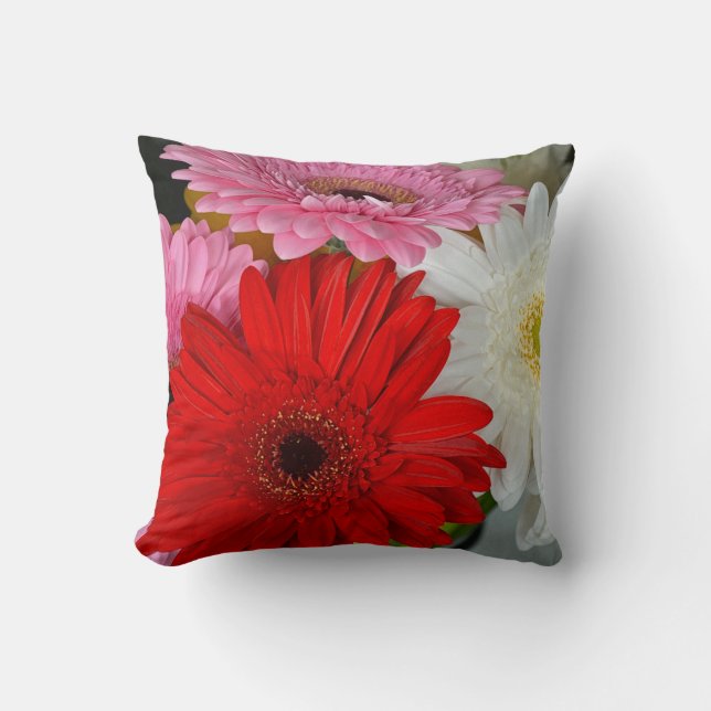 Pink, red and white gerber flowers throw pillow (Front)