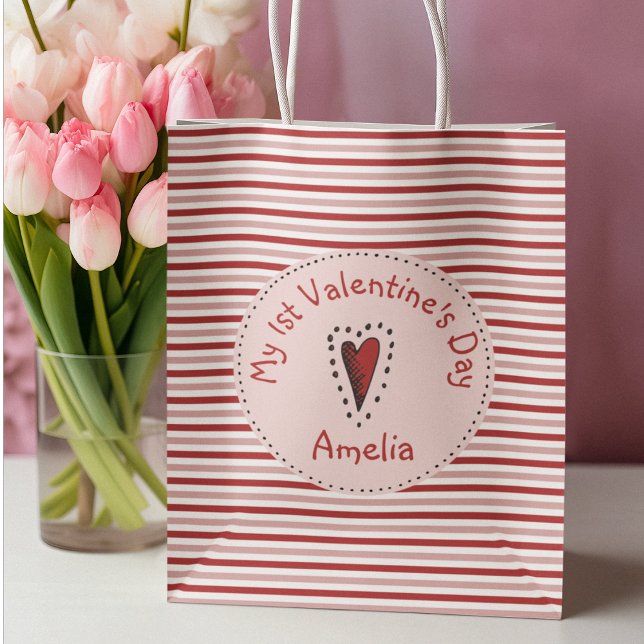 Pink Red and White Stripes Babys First Valentine Small Gift Bag (Cute My 1st Valentine's Day Gift Baby for Baby Girl. Modern Red and Pink Stripes Pattern for Her.)