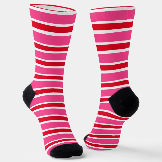 Pink Red and White Stripes Valentine's Day Socks (Angled)