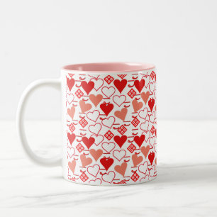 Pink, Red and White Valentine Heart Pattern Two-Tone Coffee Mug