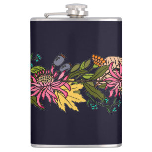 Pink red and yellow aster flower chalkboard hip flask