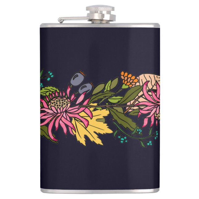 Pink red and yellow aster flower chalkboard hip flask (Front)