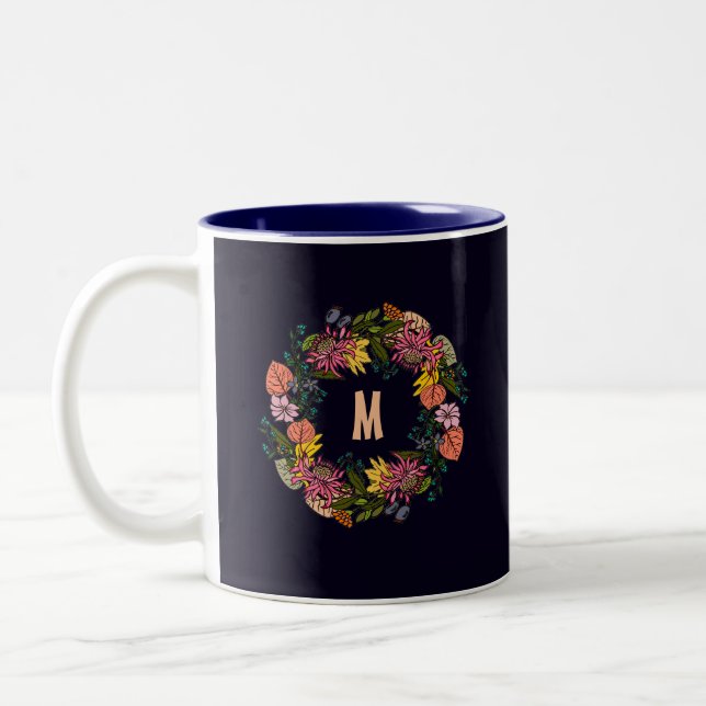 Pink red and yellow aster flower chalkboard Two-Tone coffee mug (Left)
