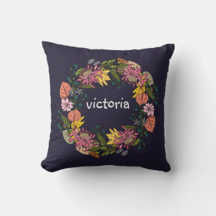 Pink red and yellow aster flower wreath chalkboard cushion