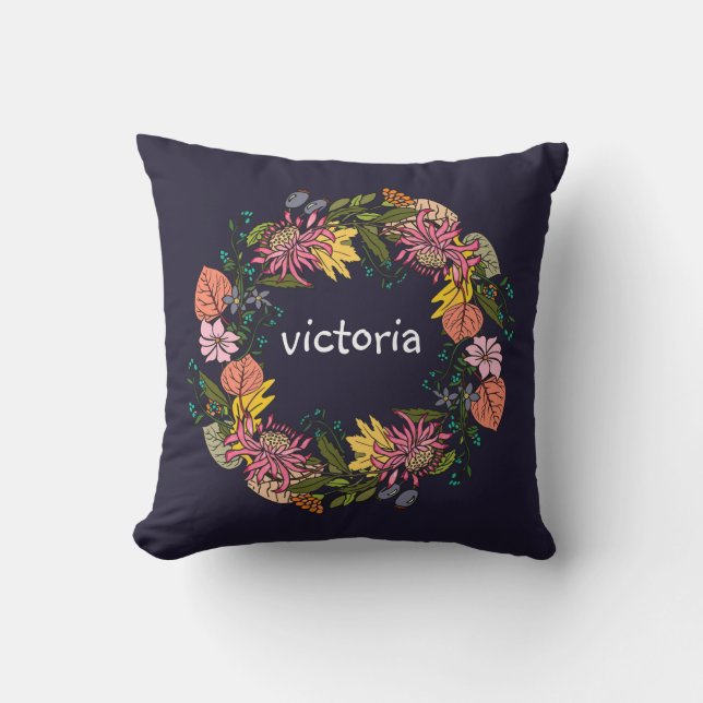 Pink red and yellow aster flower wreath chalkboard cushion (Front)