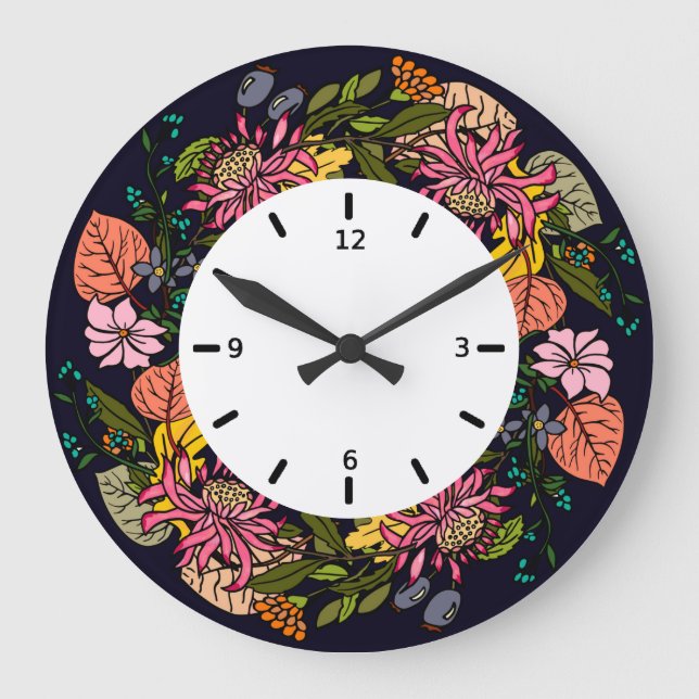 Pink red and yellow aster flower wreath chalkboard large clock (Front)