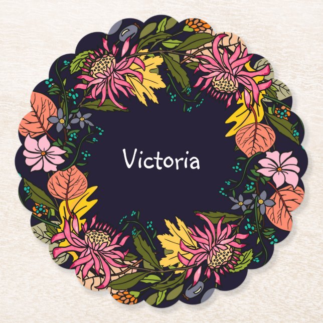 Pink red and yellow aster flower wreath chalkboard paper coaster (Front)