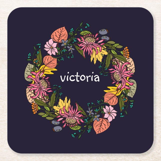 Pink red and yellow aster flower wreath chalkboard square paper coaster (Front)