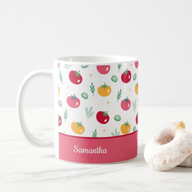 Pink Red and Yellow Tomato Pattern Kitchen Coffee Mug (With Donut)