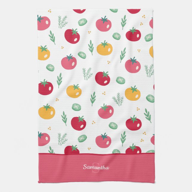 Pink Red and Yellow Tomato Pattern Tea Towel (Vertical)