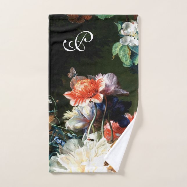 PINK RED ANEMONES WHITE FLOWERS,BUTTERFLY IN BLACK BATH TOWEL SET (Hand Towel)