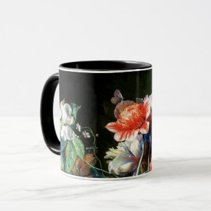 PINK RED ANEMONES WHITE FLOWERS,BUTTERFLY IN BLACK MUG