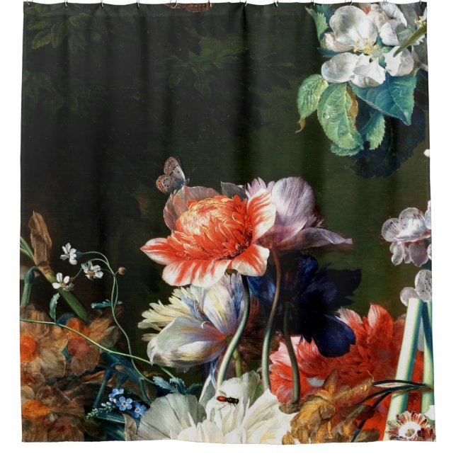 PINK RED ANEMONES WHITE FLOWERS,BUTTERFLY IN BLACK SHOWER CURTAIN (Front)