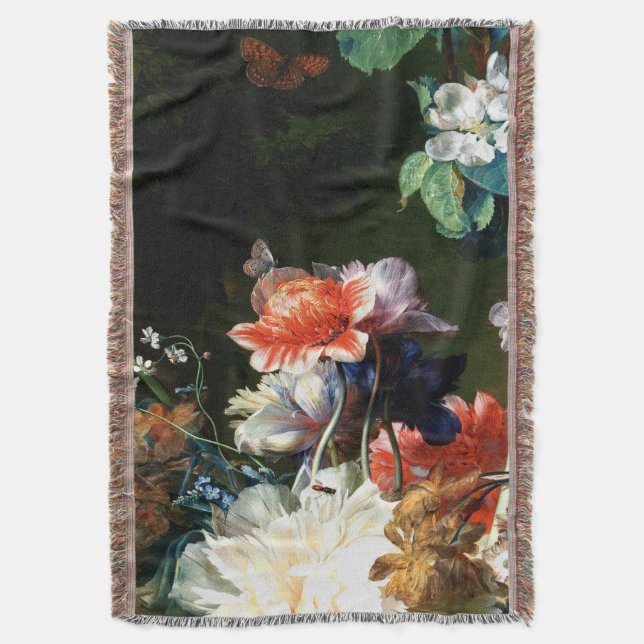 PINK RED ANEMONES WHITE FLOWERS,BUTTERFLY IN BLACK THROW BLANKET (Front Vertical)