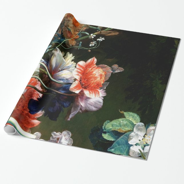 PINK RED ANEMONES WHITE FLOWERS,BUTTERFLY IN BLACK WRAPPING PAPER (Unrolled)