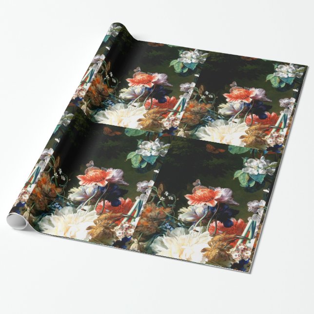 PINK RED ANEMONES WHITE FLOWERS,BUTTERFLY IN BLACK WRAPPING PAPER (Unrolled)