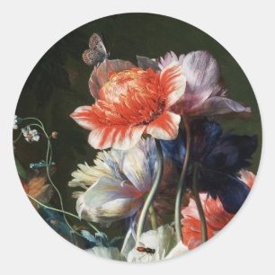 PINK RED ANEMONES WHITE FLOWERS,BUTTERFLY MONOGRAM CLASSIC ROUND STICKER