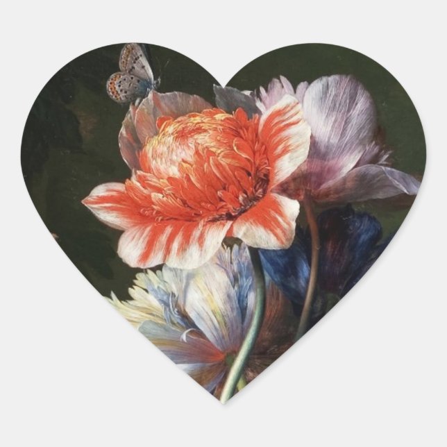 PINK RED ANEMONES WHITE FLOWERS,BUTTERFLY MONOGRAM HEART STICKER (Front)