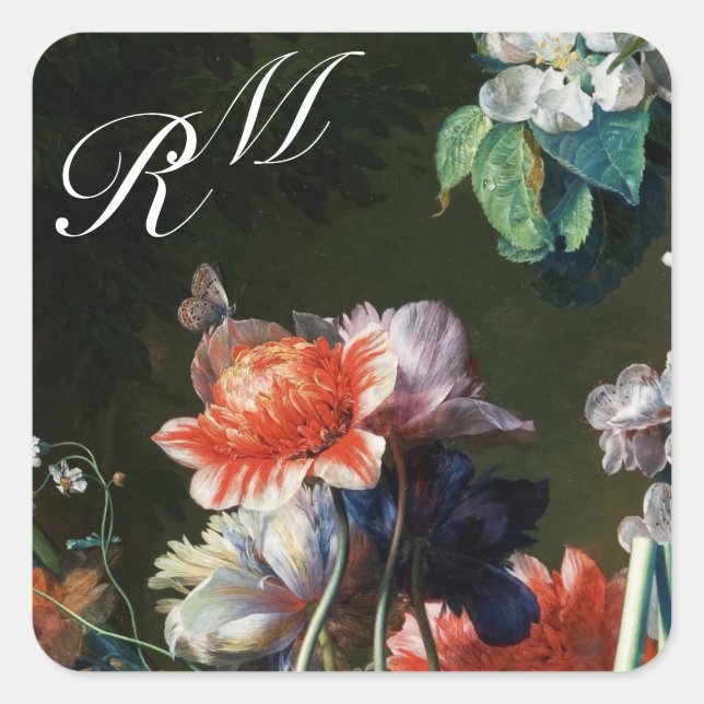 PINK RED ANEMONES WHITE FLOWERS,BUTTERFLY MONOGRAM SQUARE STICKER (Front)