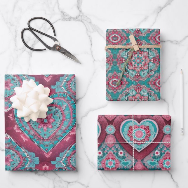 Pink Red & Aqua Valentine's Day Heart Mandala Wrapping Paper Sheet (Front)