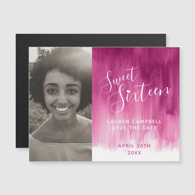 Pink red art sweet sixteen photo save the date magnetic invitation (Front/Back)