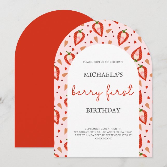 Pink Red Berry First Birthday Arch Invitation (Front/Back)