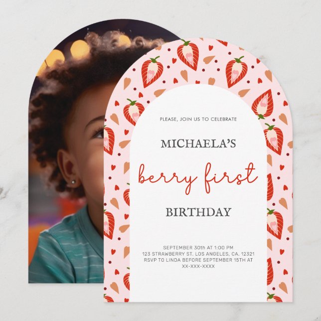 Pink Red Berry First Birthday Arch Photo Invitation (Front/Back)