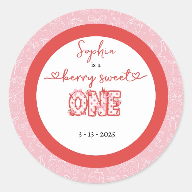 Pink Red Berry Sweet One Girl 1st Birthday Classic Round Sticker (Front)