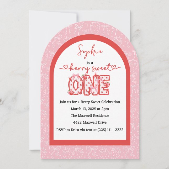 Pink Red Berry Sweet One Girl 1st Birthday Invitation (Front)