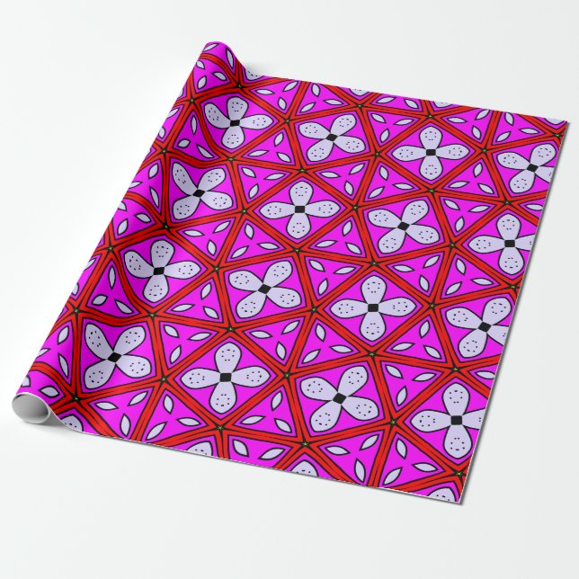 Pink, Red, Black & White Floral Geometric Pattern Wrapping Paper (Unrolled)