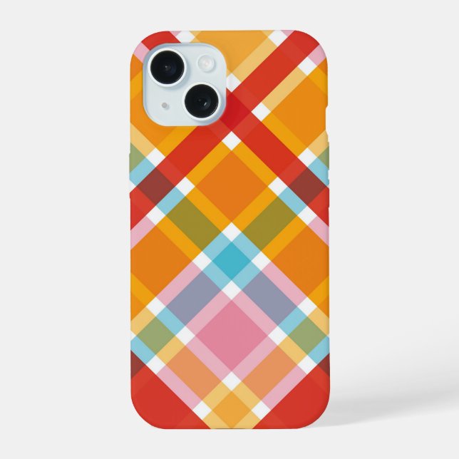 Pink Red Blue Orange Retro Plaid Checks Pattern iPhone 15 Case (Back)