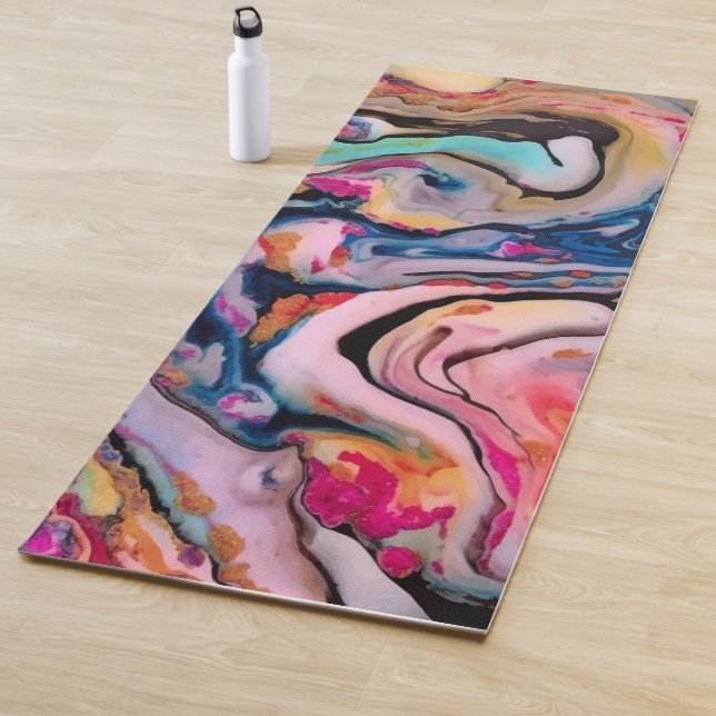 Pink Red Blue Yellow Black Abstract Fluid Painting Yoga Mat (In Situ)
